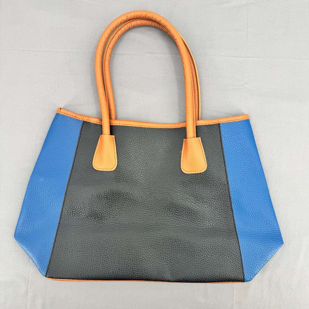 Neiman Marcus Colorblock Tote Bag with Blue, Black, and Tan Faux Leather